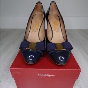 Salvatore Ferragamo Navy Blue Heels with Gold Accent
